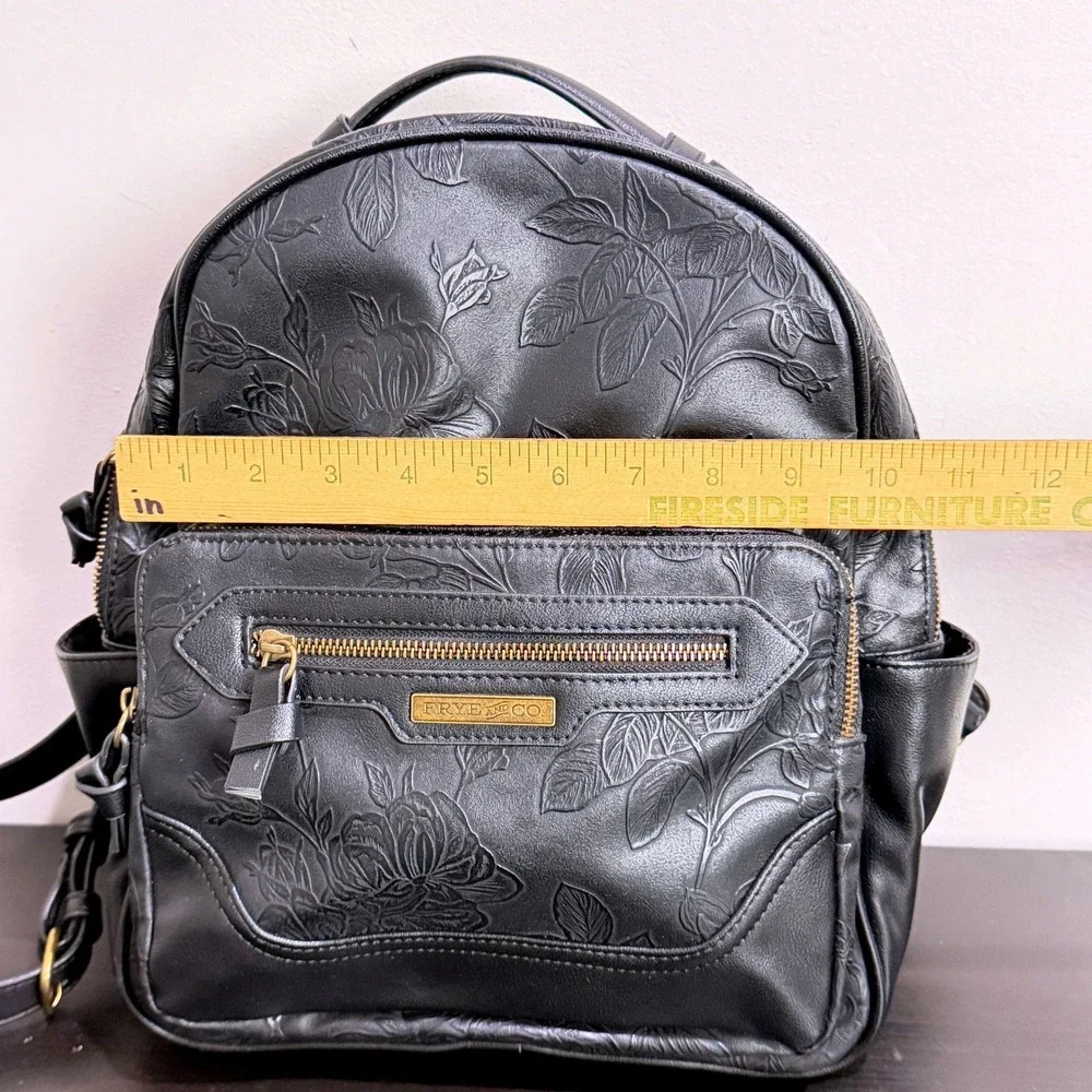 Frye and Co Black Floral Flower Embossed Faux Leather Dome Backpack Bag Western - Picture 10 of 10